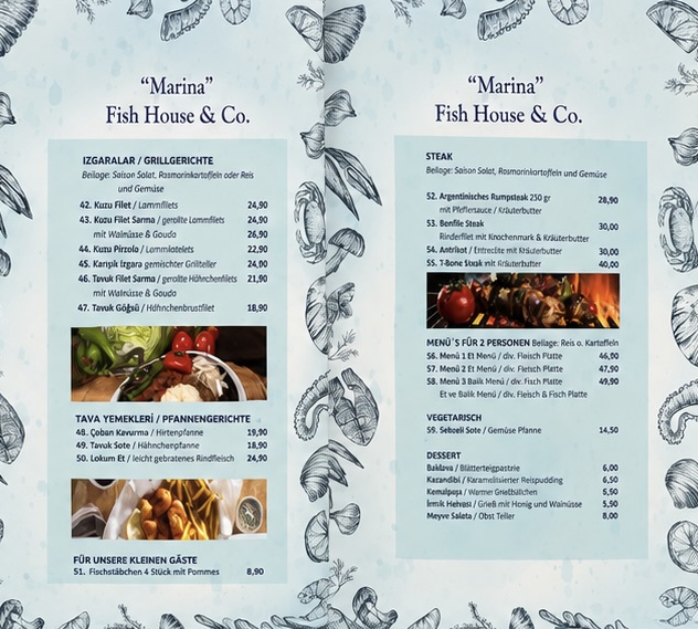 Marina Fish House & Co. – Innenseite Grillgerichte & Menüs